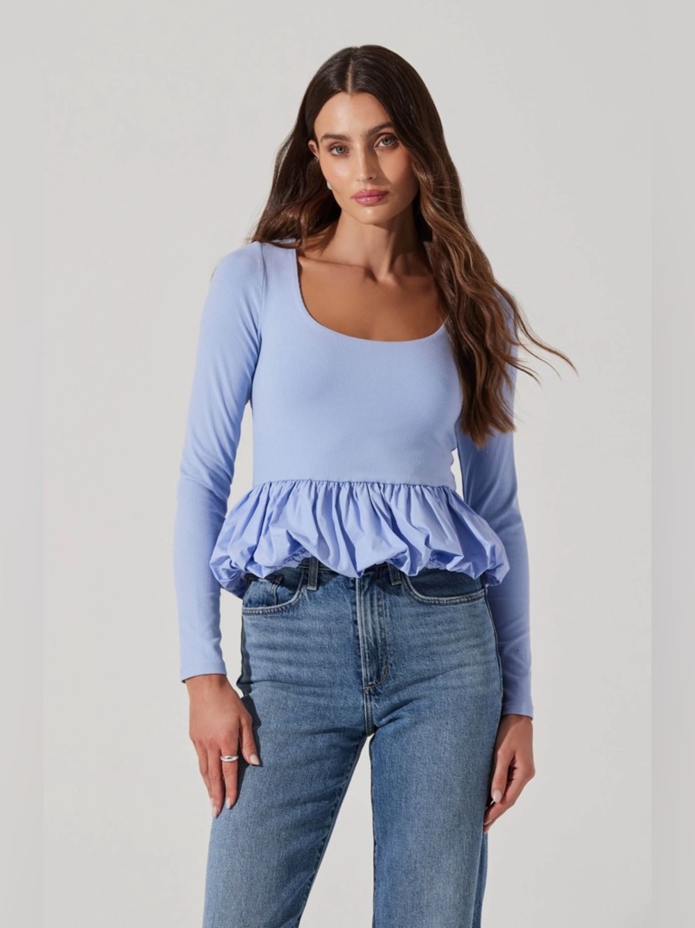 ASTR Bubble Hem Peplum Blue Ribbed Top Small| Romantic Feminine NWOT